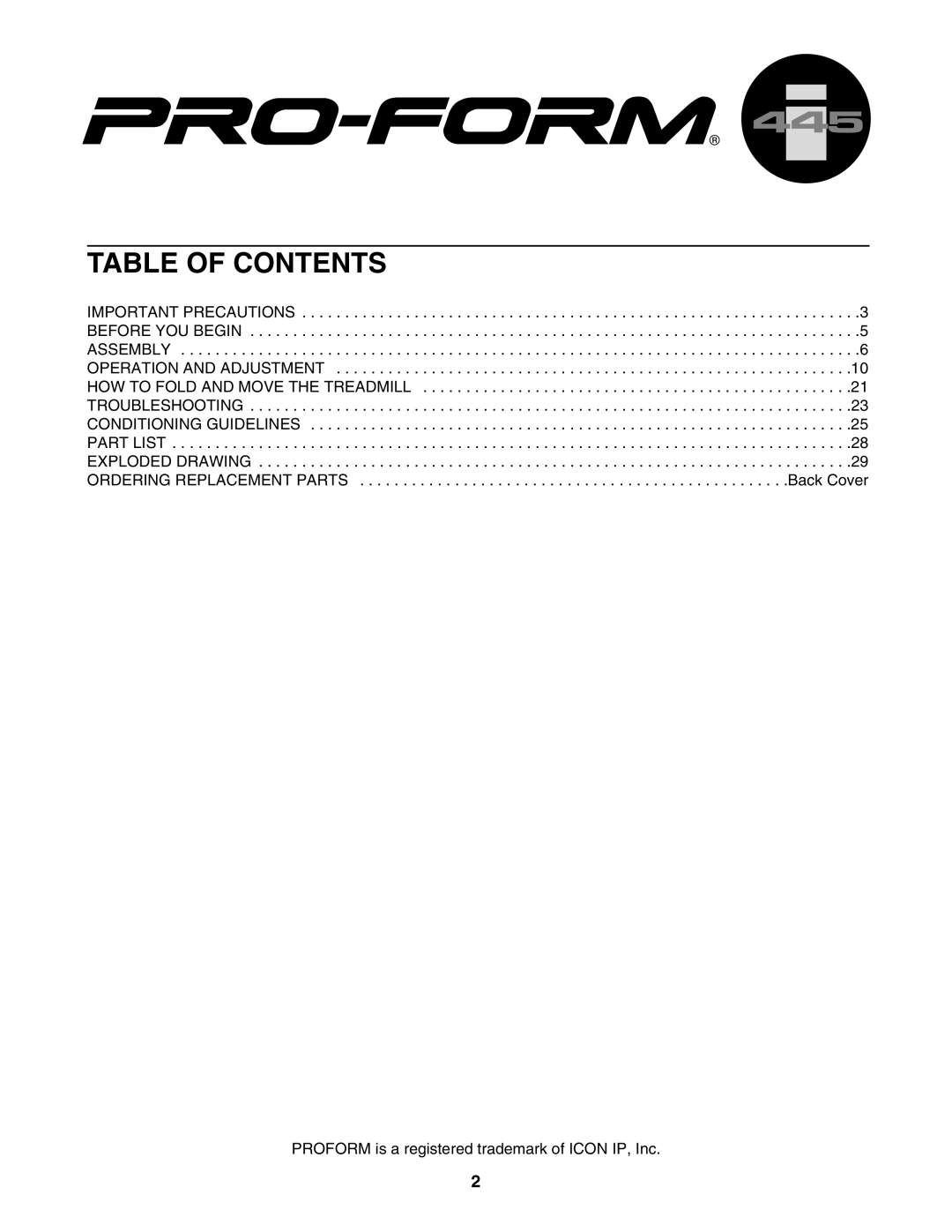 ProForm PFTL413040, 445i user manual Table of Contents 