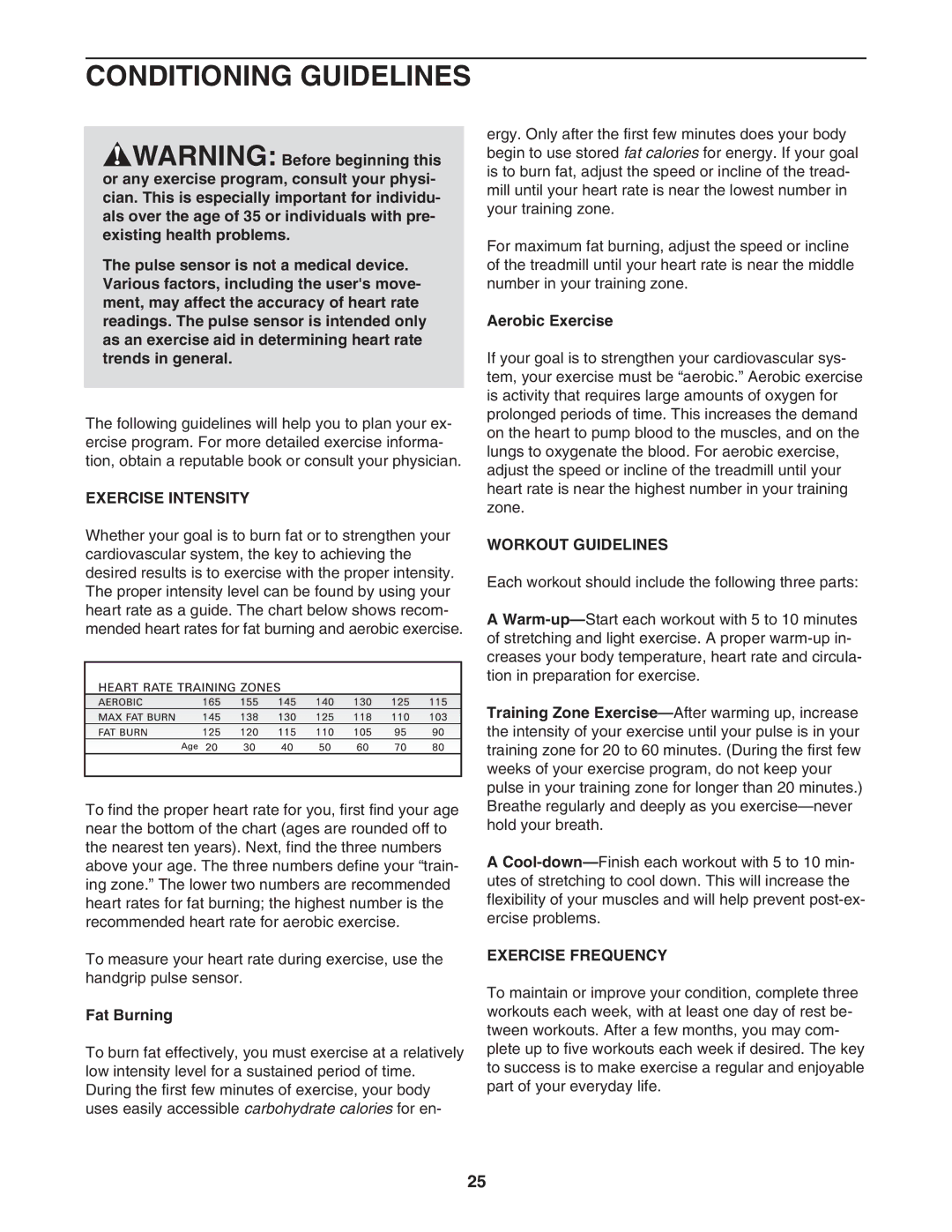 ProForm 445i, PFTL413040 user manual Conditioning Guidelines, Exercise Intensity, Workout Guidelines, Exercise Frequency 