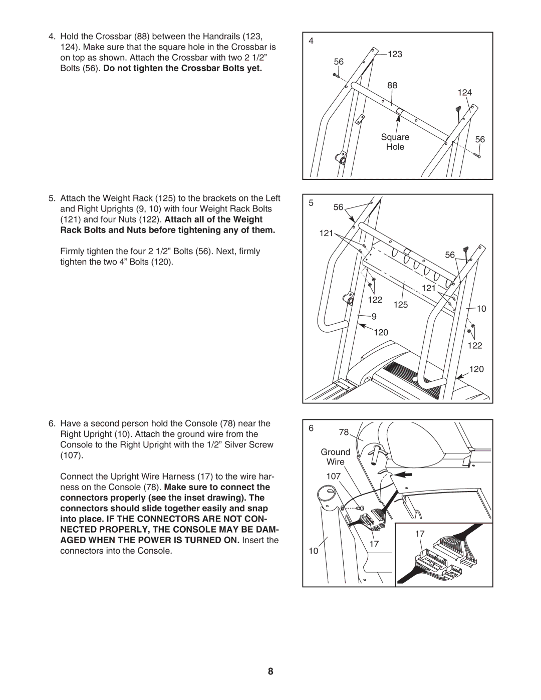 ProForm PFTL413040, 445i user manual Rack Bolts and Nuts before tightening any of them 