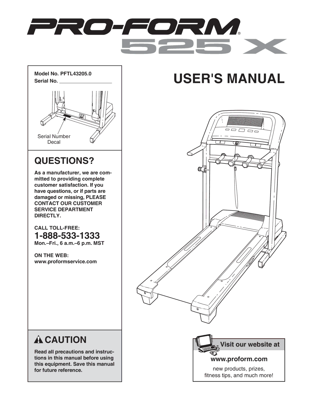 ProForm user manual Questions?, Model No. PFTL43205.0 Serial No, Call TOLL-FREE 