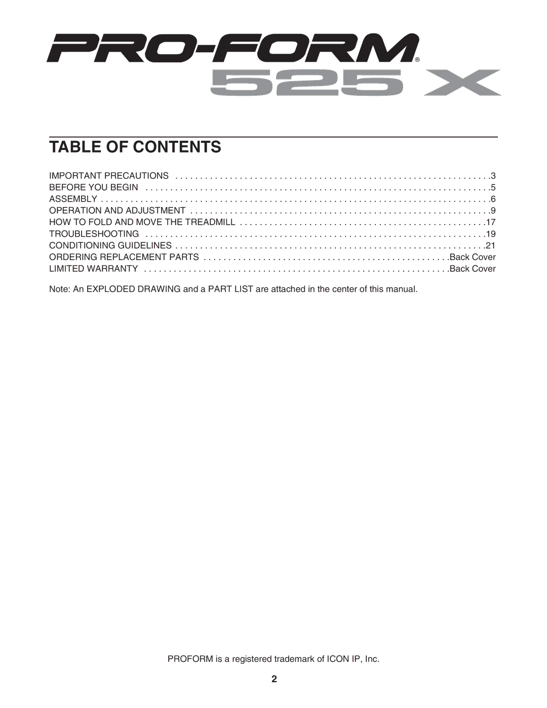 ProForm PFTL43205.1 user manual Table of Contents 