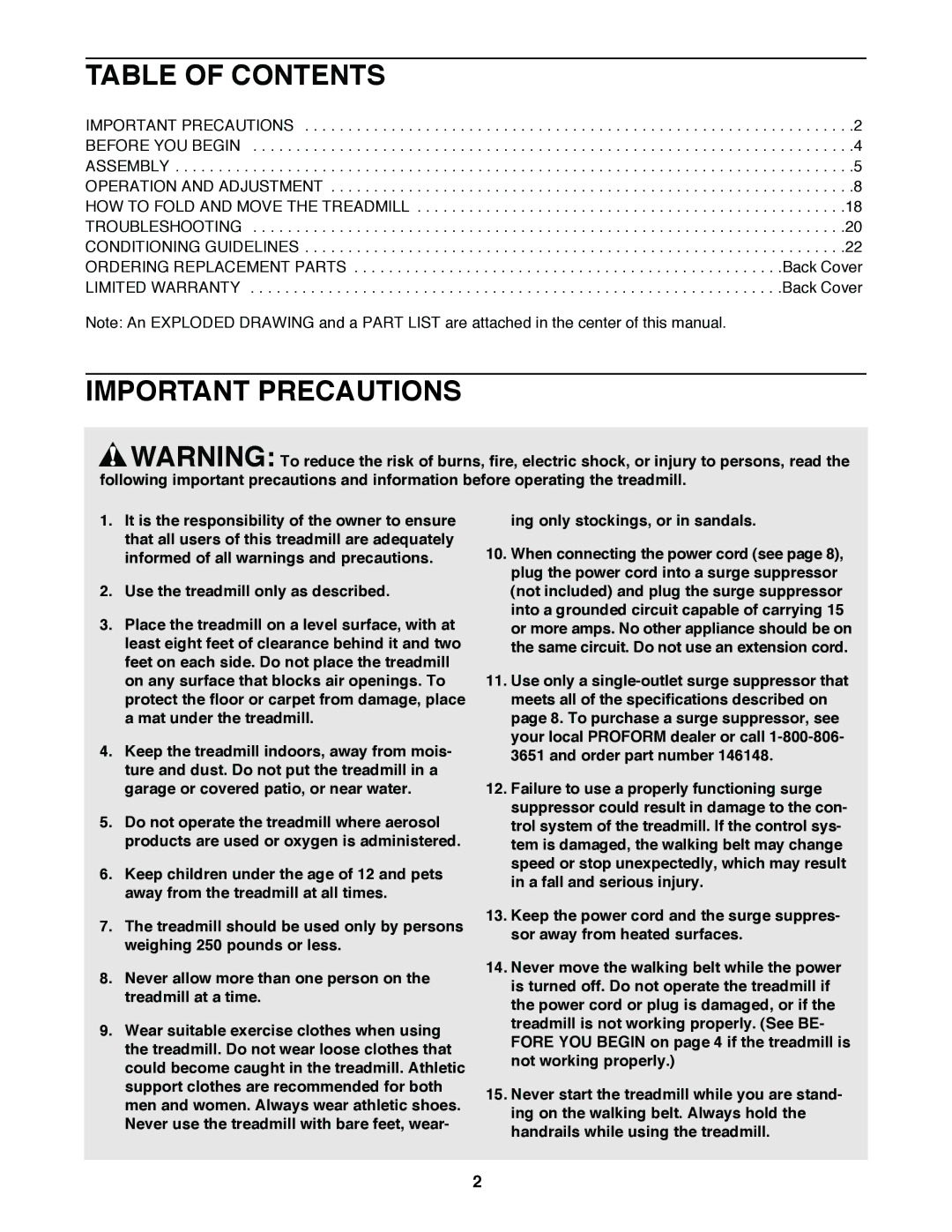 ProForm PFTL49020 user manual Table of Contents, Important Precautions 