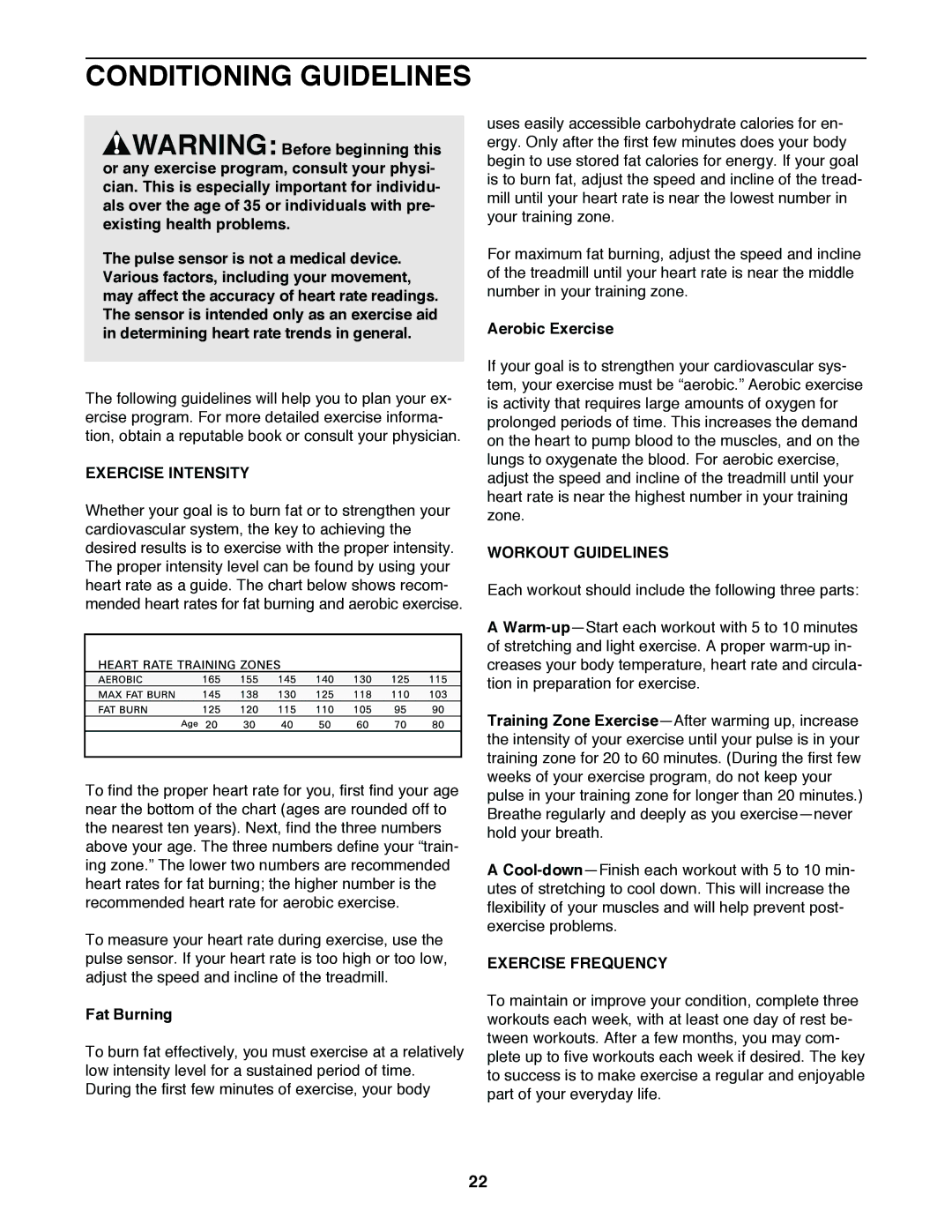 ProForm PFTL49020 user manual Conditioning Guidelines, Exercise Intensity, Workout Guidelines, Exercise Frequency 