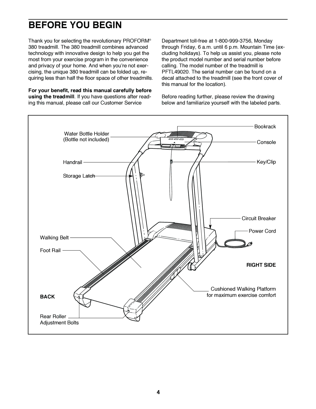 ProForm PFTL49020 user manual Before YOU Begin, Right Side, Back 