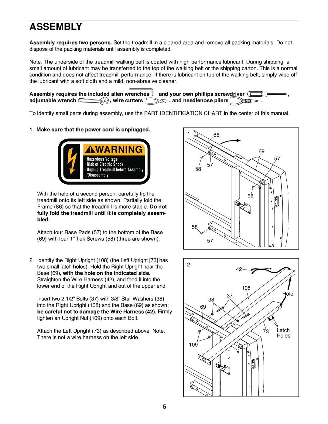 ProForm PFTL49020 user manual Assembly, Make sure that the power cord is unplugged 