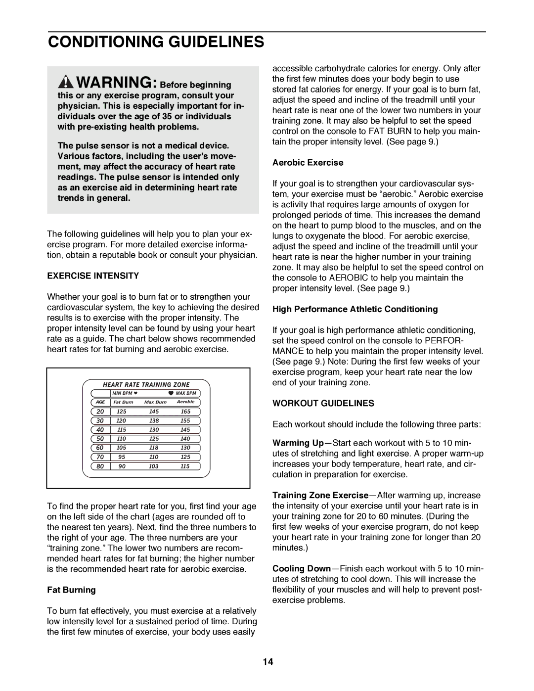 ProForm PFTL49100 user manual Conditioning Guidelines, Exercise Intensity, Workout Guidelines 