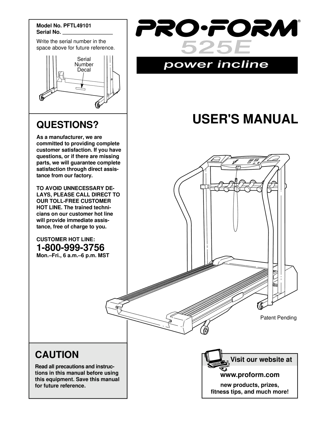 ProForm user manual Questions?, Model No. PFTL49101 Serial No, Customer HOT Line 