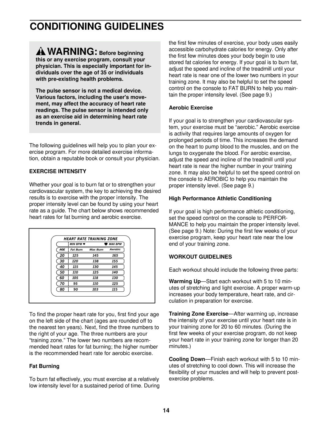 ProForm PFTL49101 user manual Conditioning Guidelines, Exercise Intensity, Workout Guidelines 