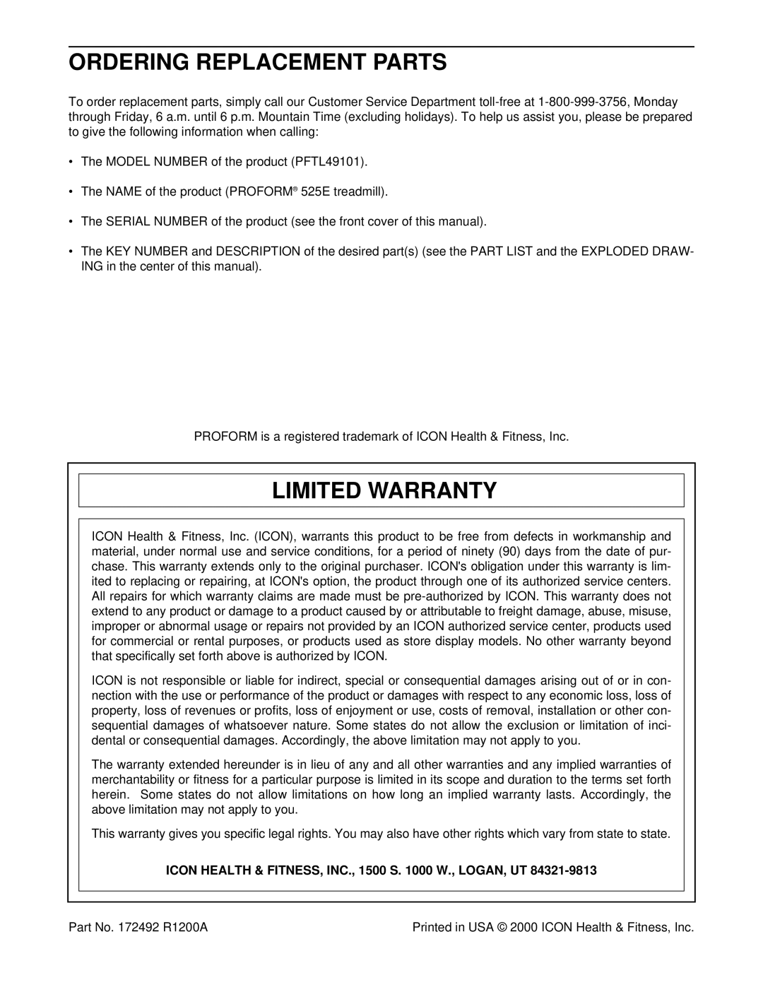 ProForm PFTL49101 Ordering Replacement Parts, Limited Warranty, Icon Health & FITNESS, INC., 1500 S W., LOGAN, UT 