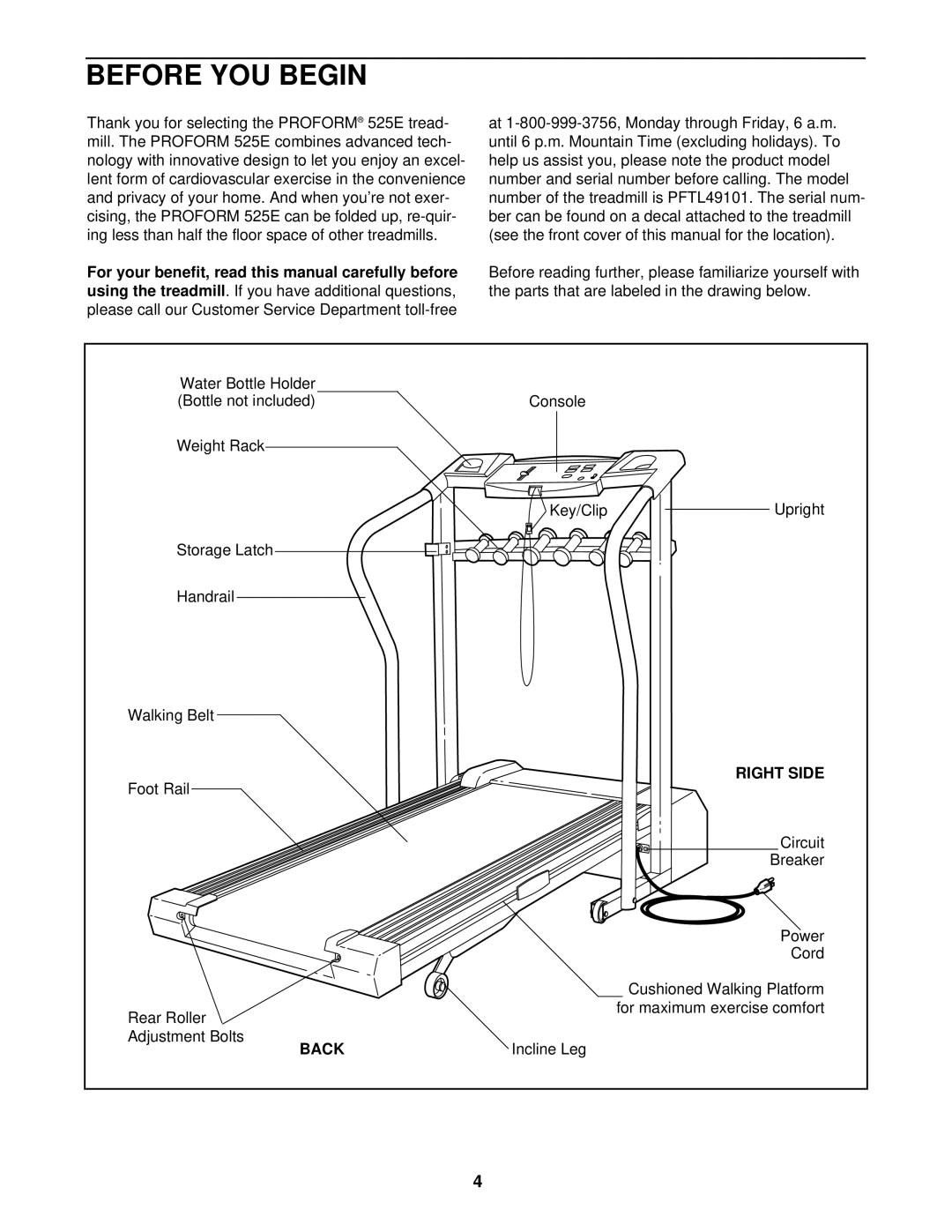 ProForm PFTL49101 user manual Before YOU Begin, Right Side, Back 