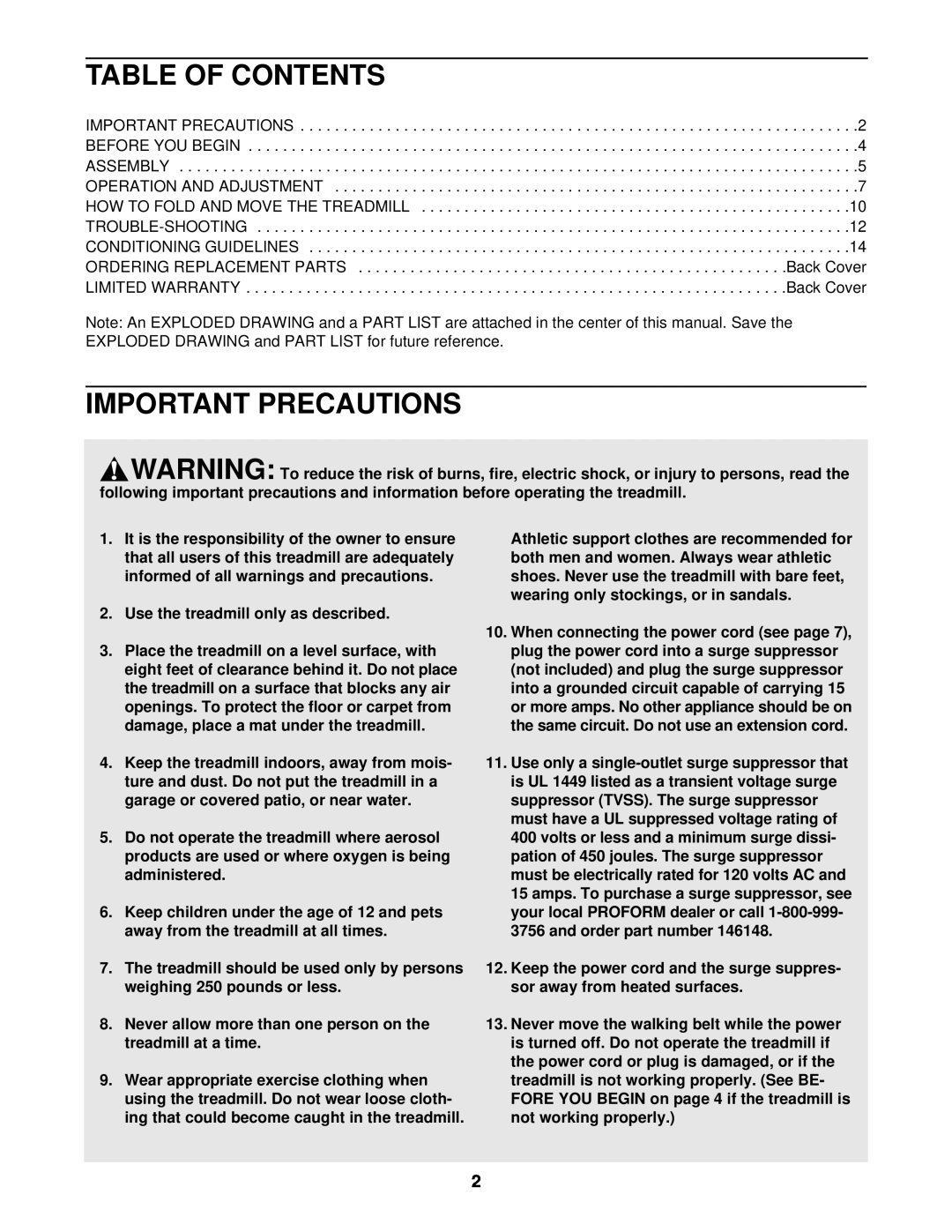 ProForm PFTL49101 user manual Table Of Contents, Important Precautions 