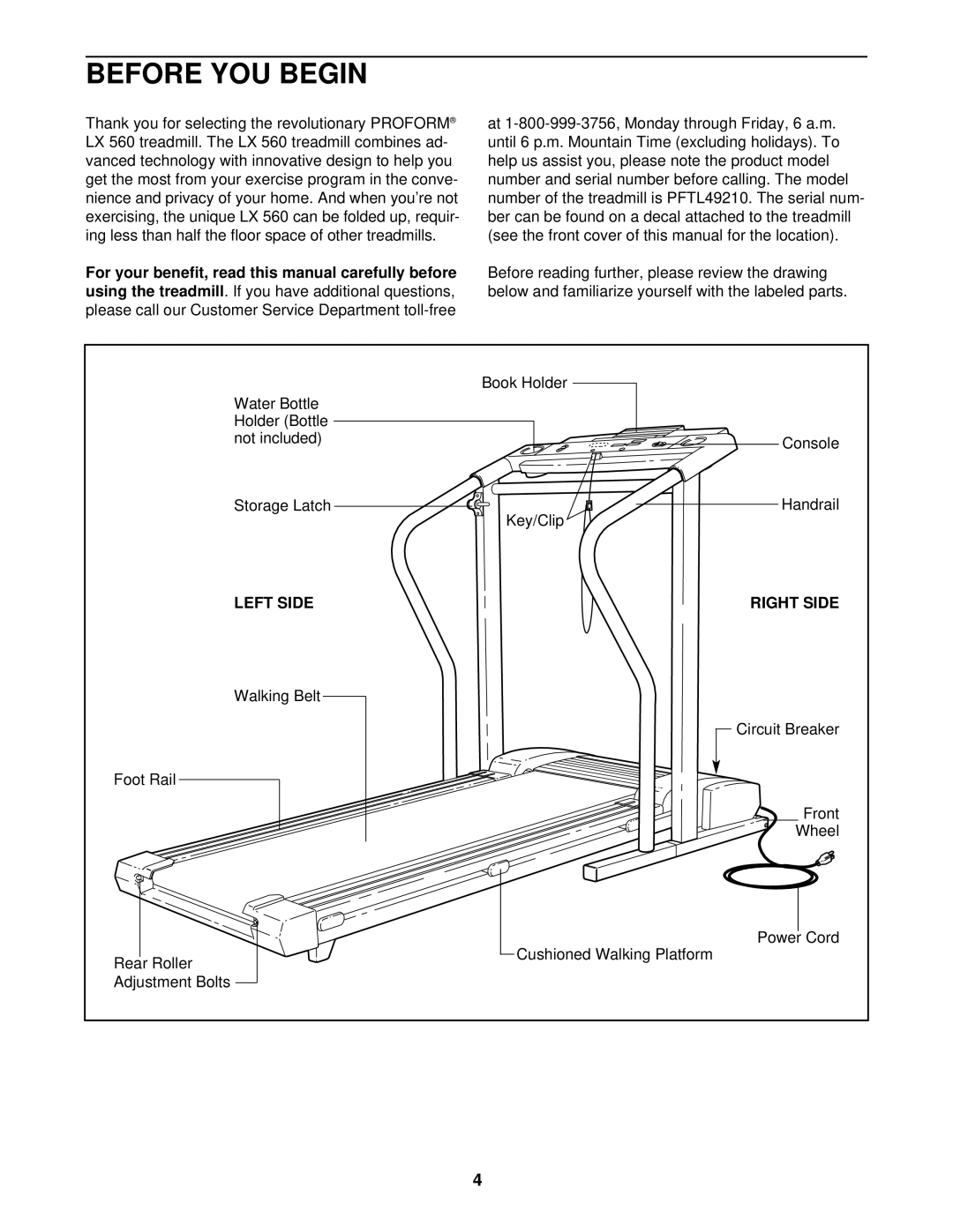 ProForm PFTL49210 user manual Before YOU Begin, Left Side Right Side 