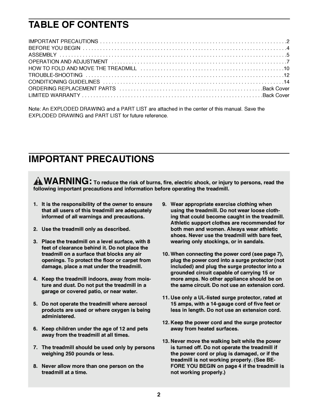 ProForm PFTL49390 user manual Table of Contents, Important Precautions 