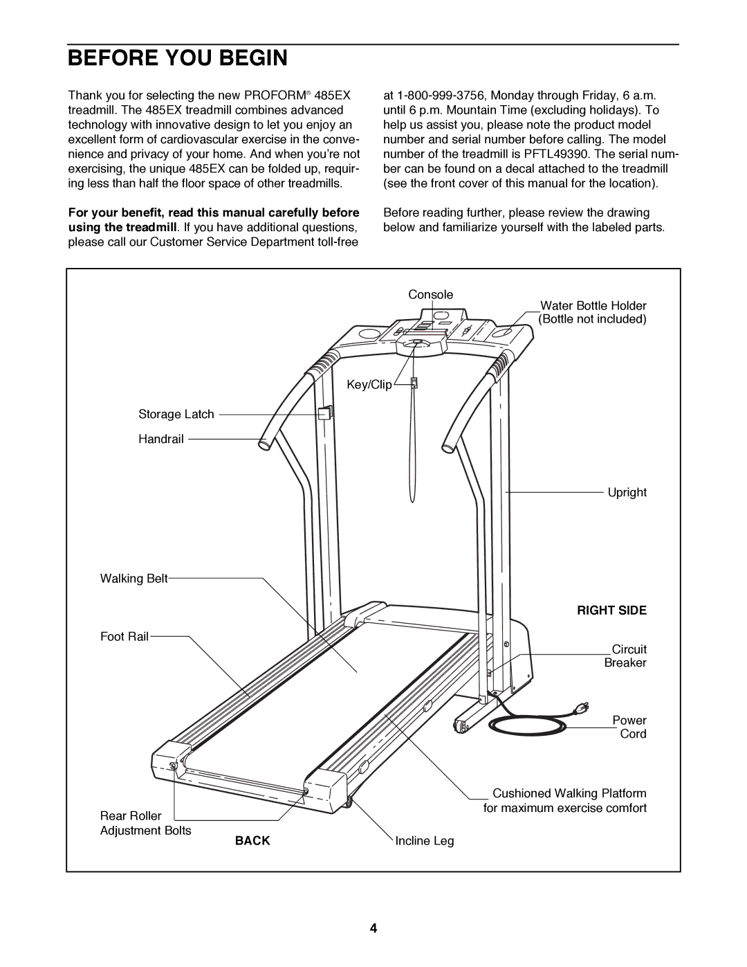 ProForm PFTL49390 user manual Before YOU Begin, Right Side, Back 