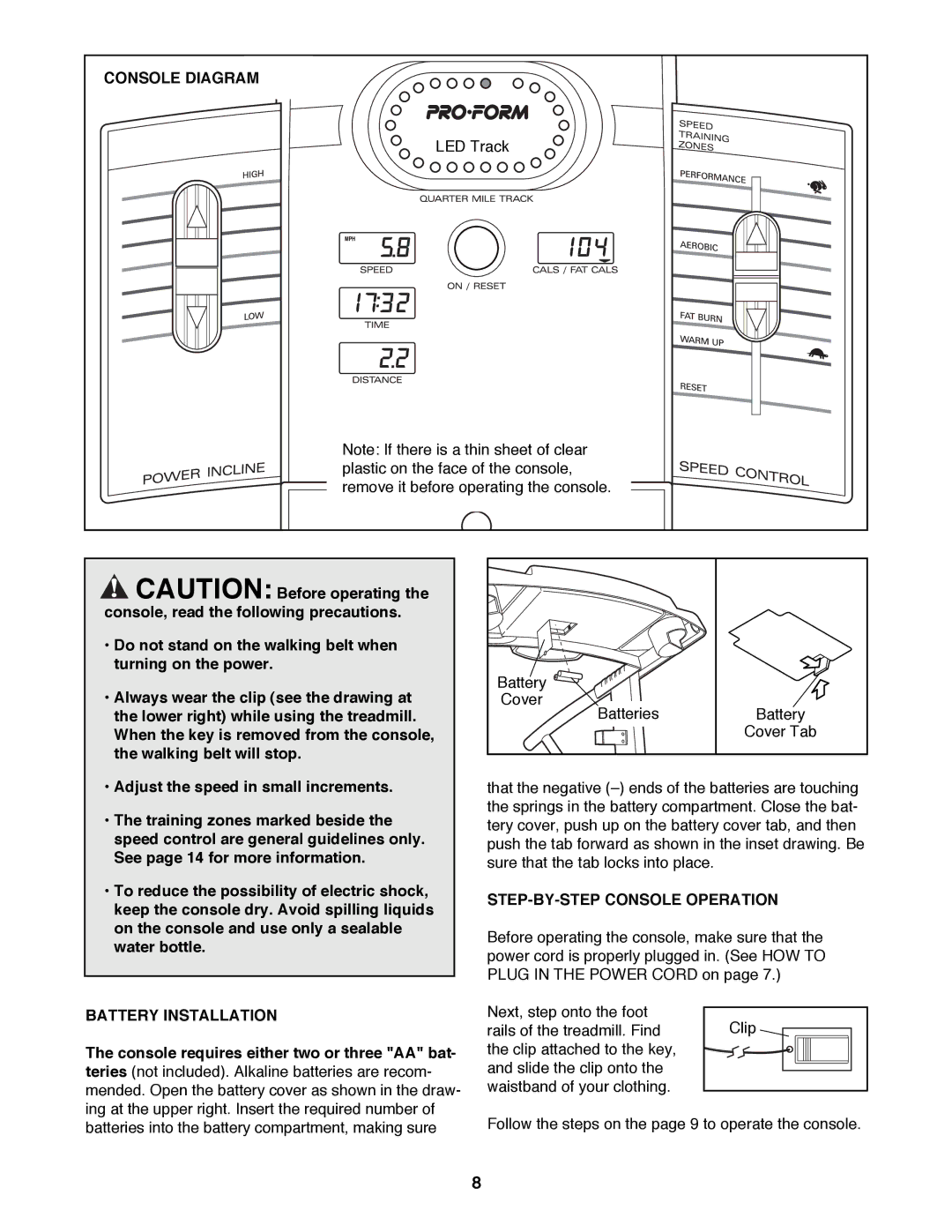 ProForm PFTL49390 user manual Console Diagram, STEP-BY-STEP Console Operation, Battery Installation 