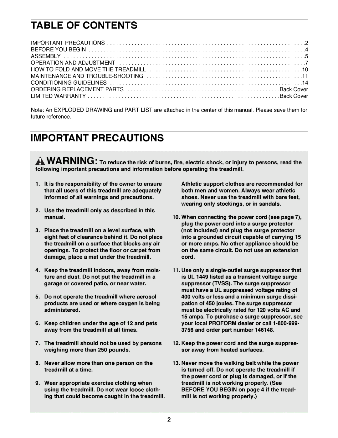 ProForm PFTL49400 user manual Table of Contents, Important Precautions 