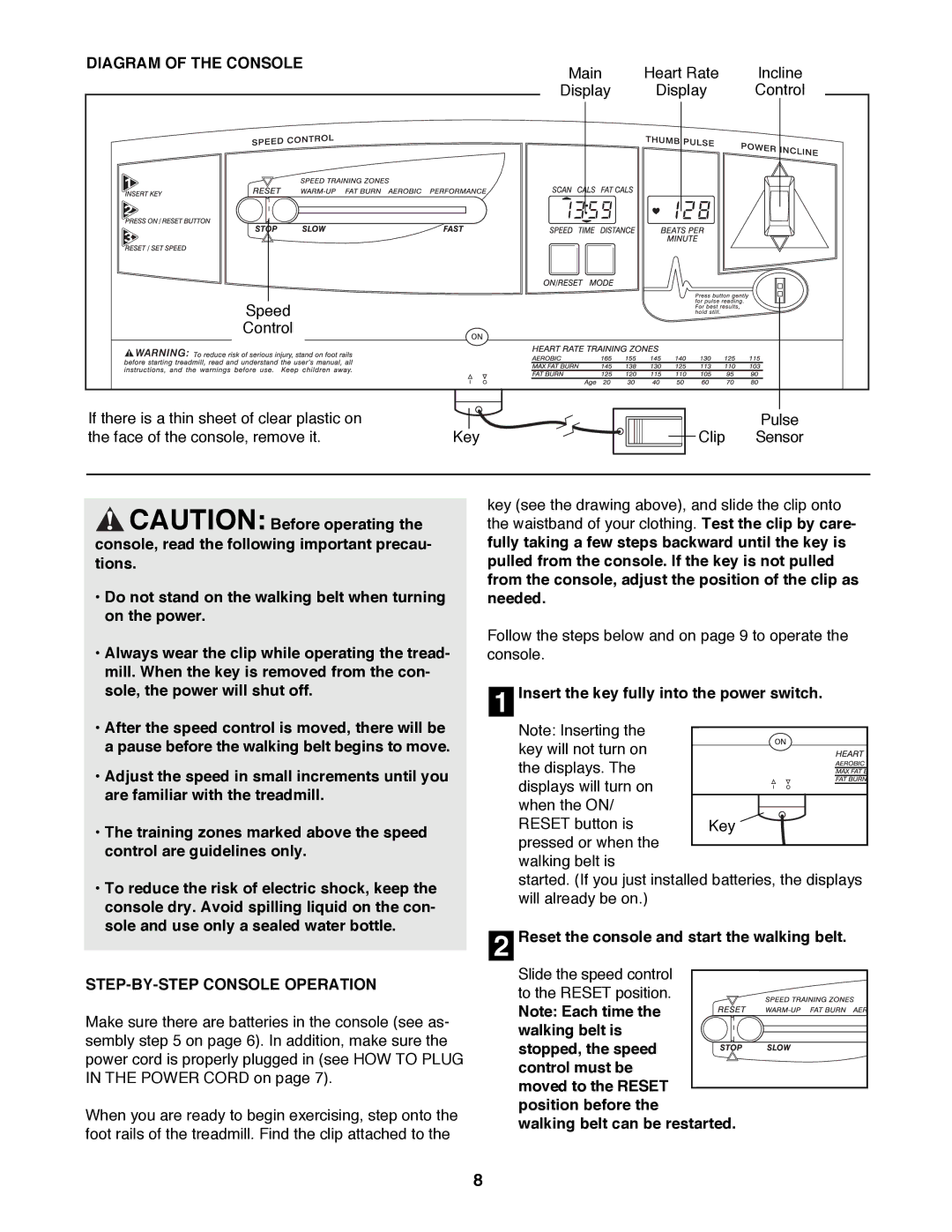 ProForm PFTL49400 Diagram of the Console, STEP-BY-STEP Console Operation, Insert the key fully into the power switch 