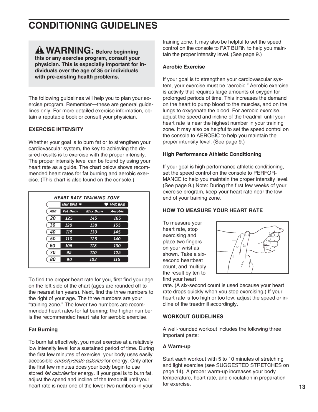 ProForm PFTL49490 Conditioning Guidelines, Exercise Intensity, HOW to Measure Your Heart Rate, Workout Guidelines 