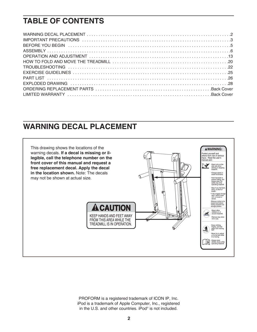 ProForm PFTL49609.0 user manual Table of Contents 