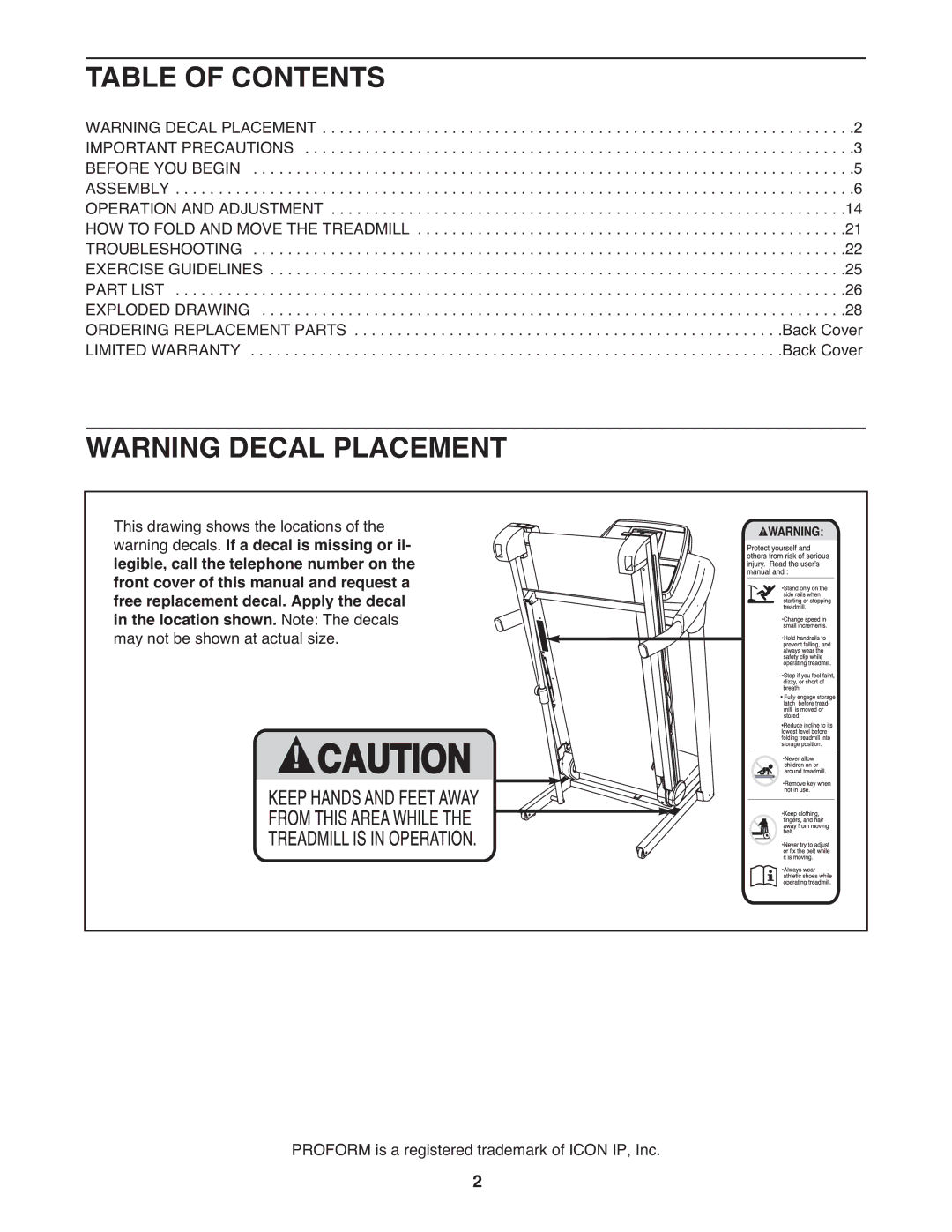 ProForm PFTL49621.0 warranty Table of Contents 