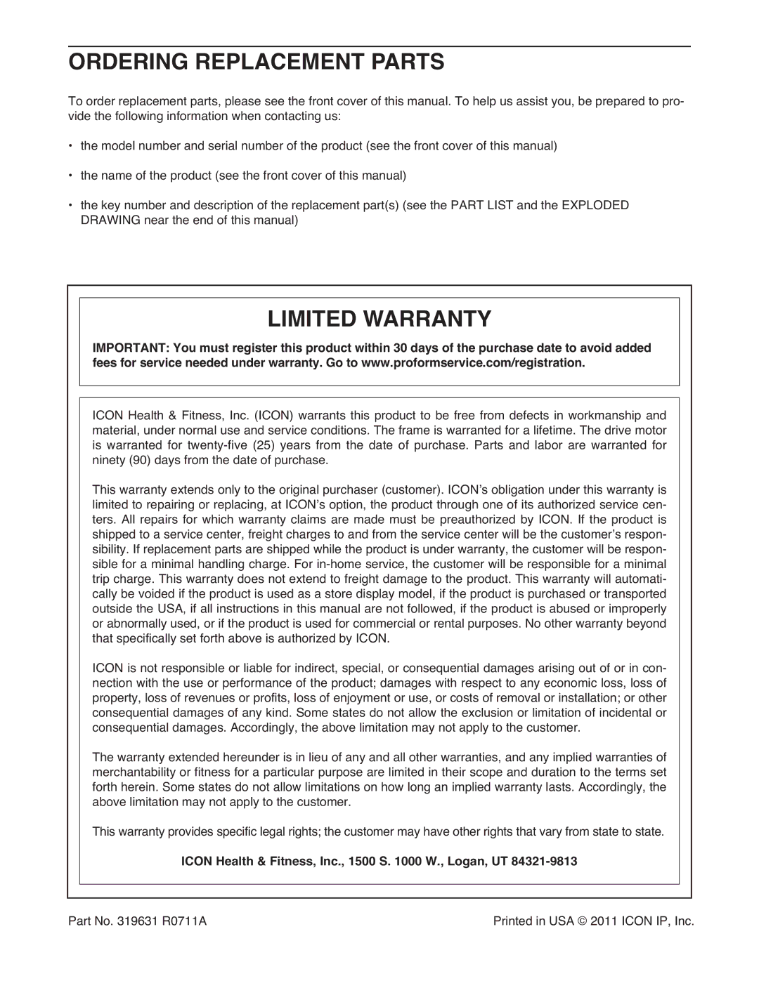 ProForm PFTL49621.0 Ordering Replacement Parts, Limited Warranty, Icon Health & Fitness, Inc., 1500 S W., Logan, UT 