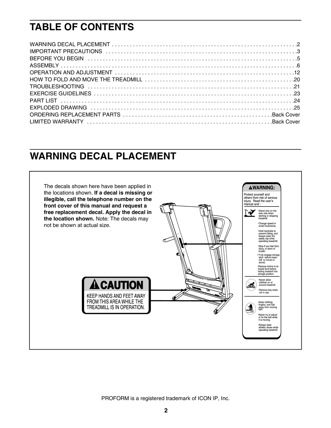 ProForm PFTL49707.0 user manual Table of Contents 