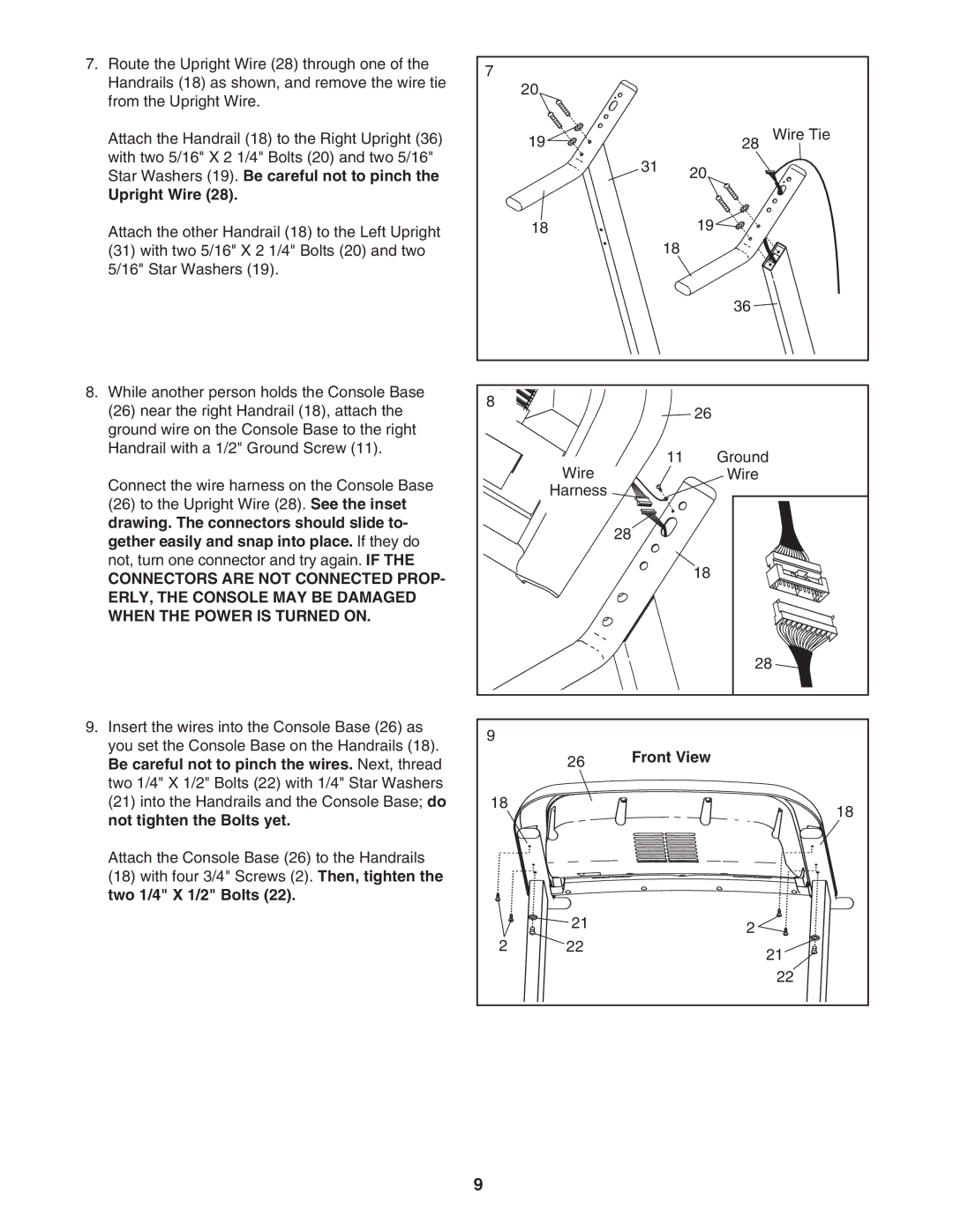 ProForm PFTL49707.0 Star Washers 19. Be careful not to pinch Upright Wire, Not tighten the Bolts yet, Two 1/4 X 1/2 Bolts 