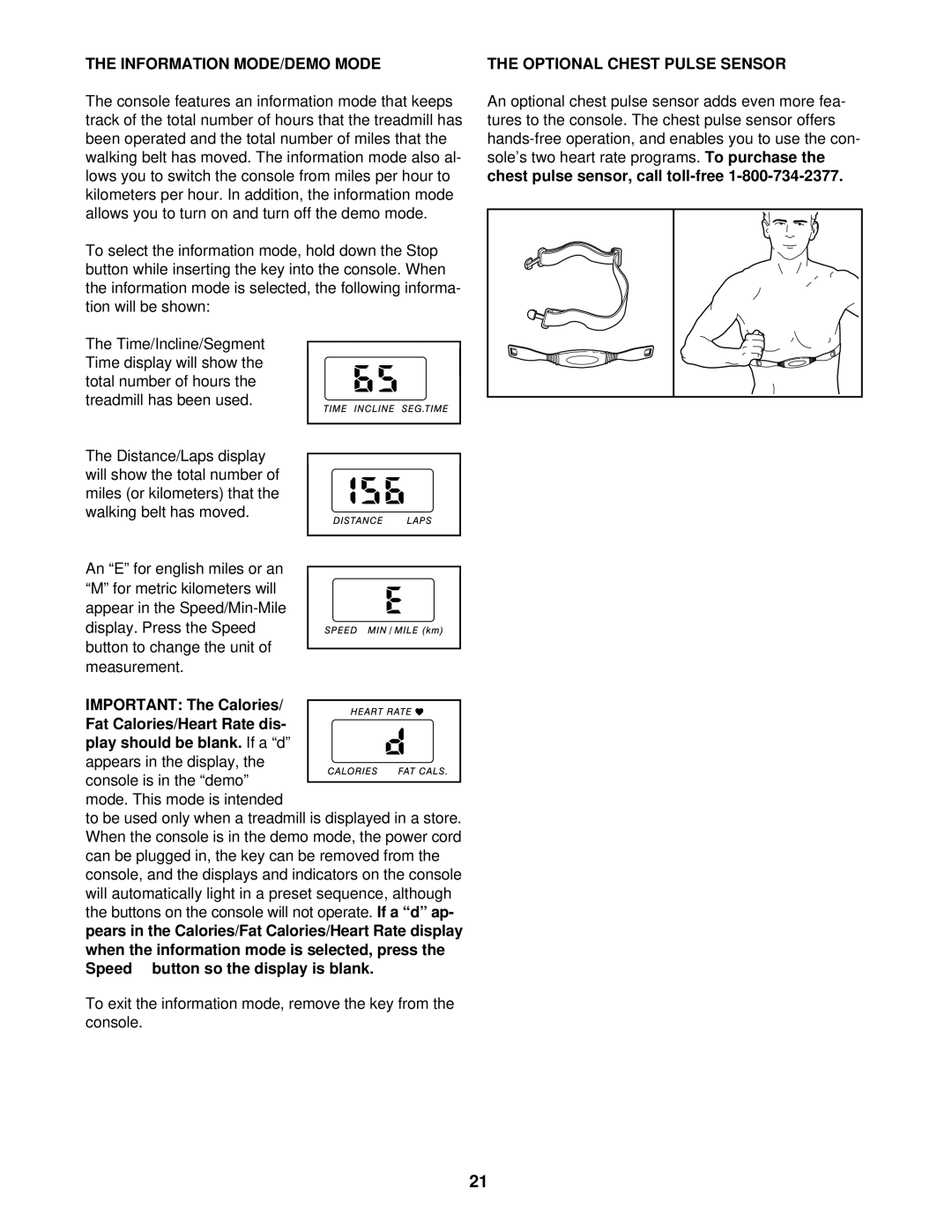 ProForm PFTL49721 user manual Information MODE/DEMO Mode, Optional Chest Pulse Sensor 