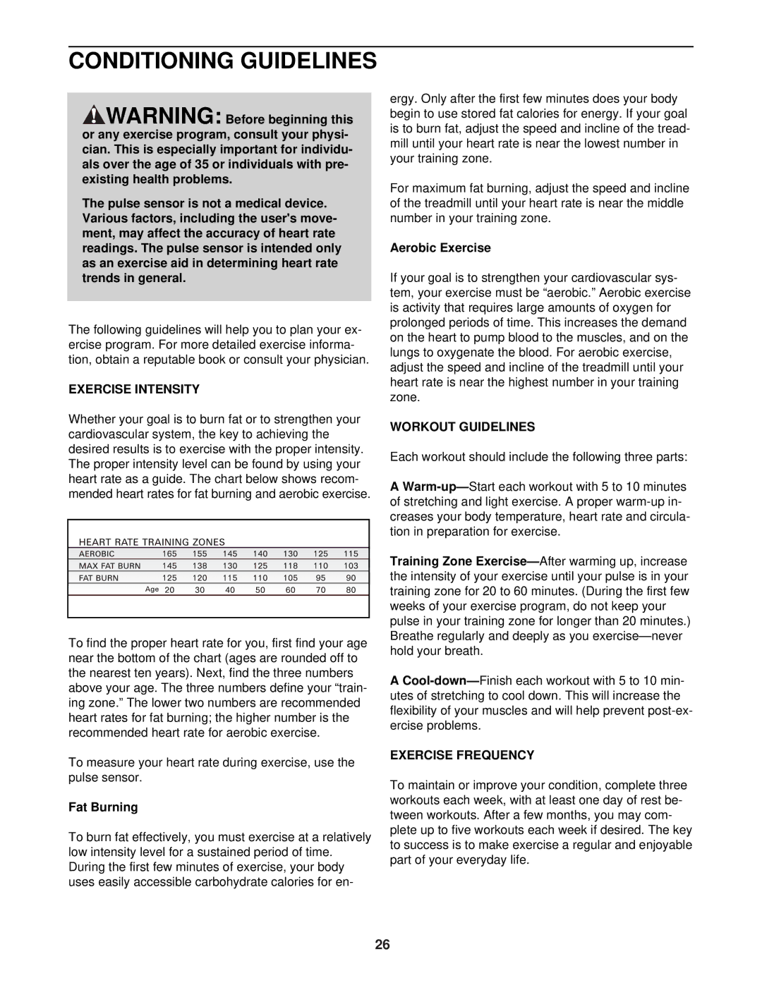 ProForm PFTL49721 user manual Conditioning Guidelines, Exercise Intensity, Workout Guidelines, Exercise Frequency 