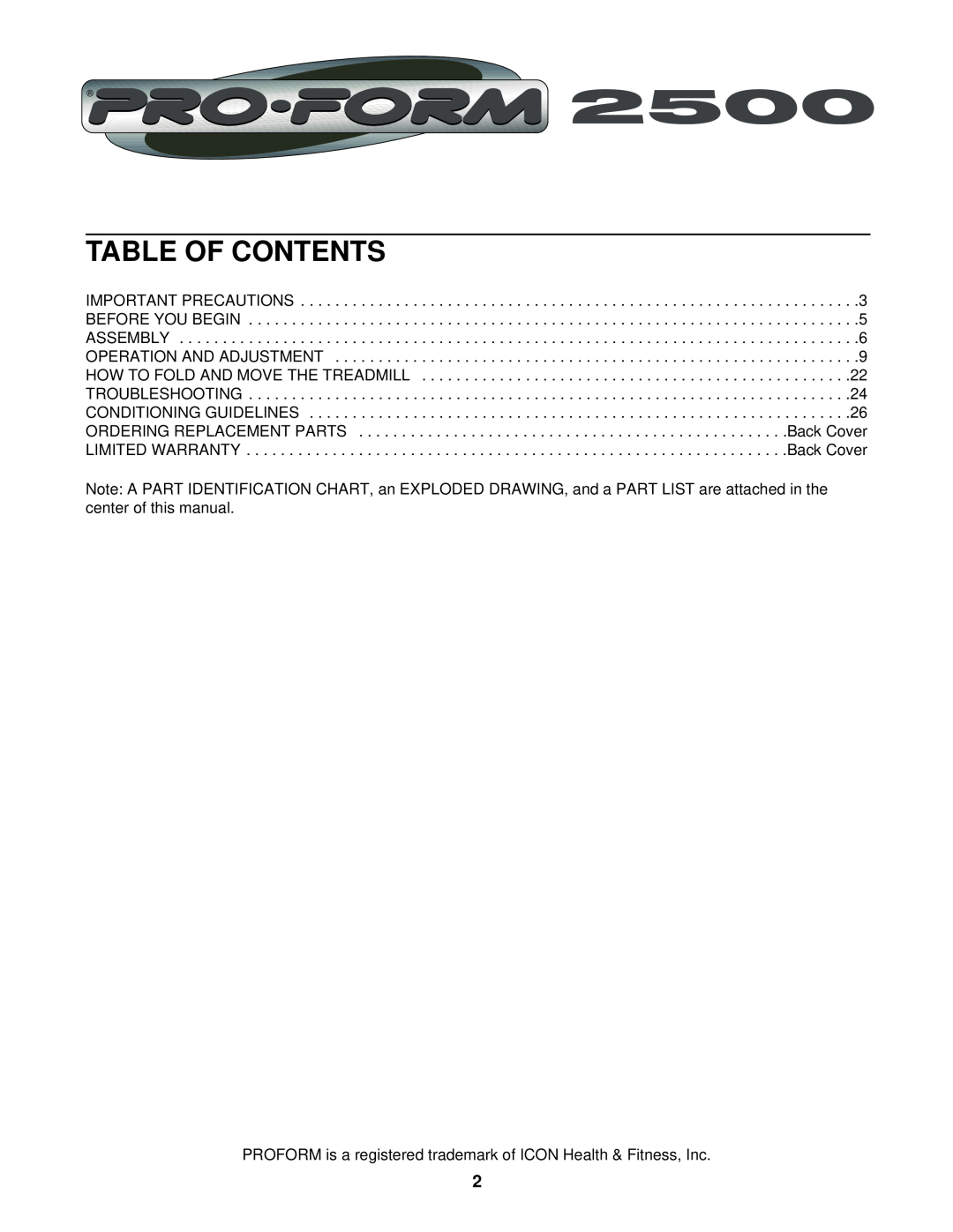 ProForm PFTL49721 user manual Table Of Contents, PROFORM is a registered trademark of ICON Health & Fitness, Inc 