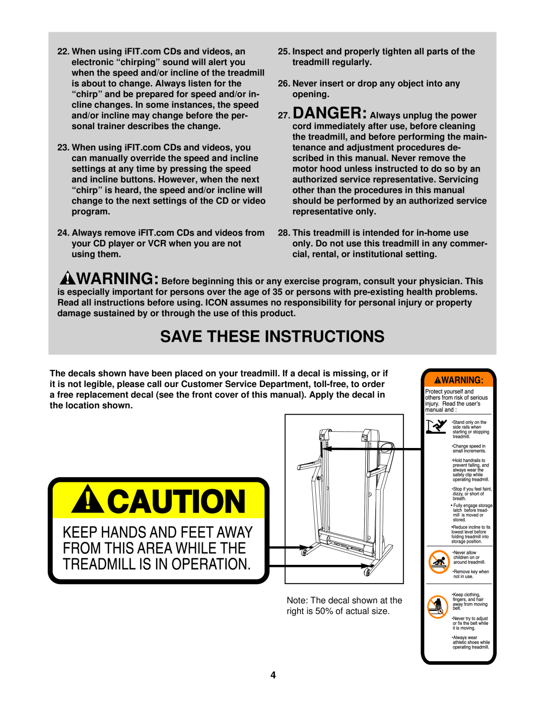 ProForm PFTL49721 user manual Save These Instructions, Inspect and properly tighten all parts of the treadmill regularly 