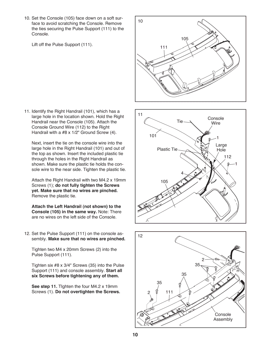 ProForm PFTL49908.0 user manual Sembly. Make sure that no wires are pinched, Six Screws before tightening any of them 