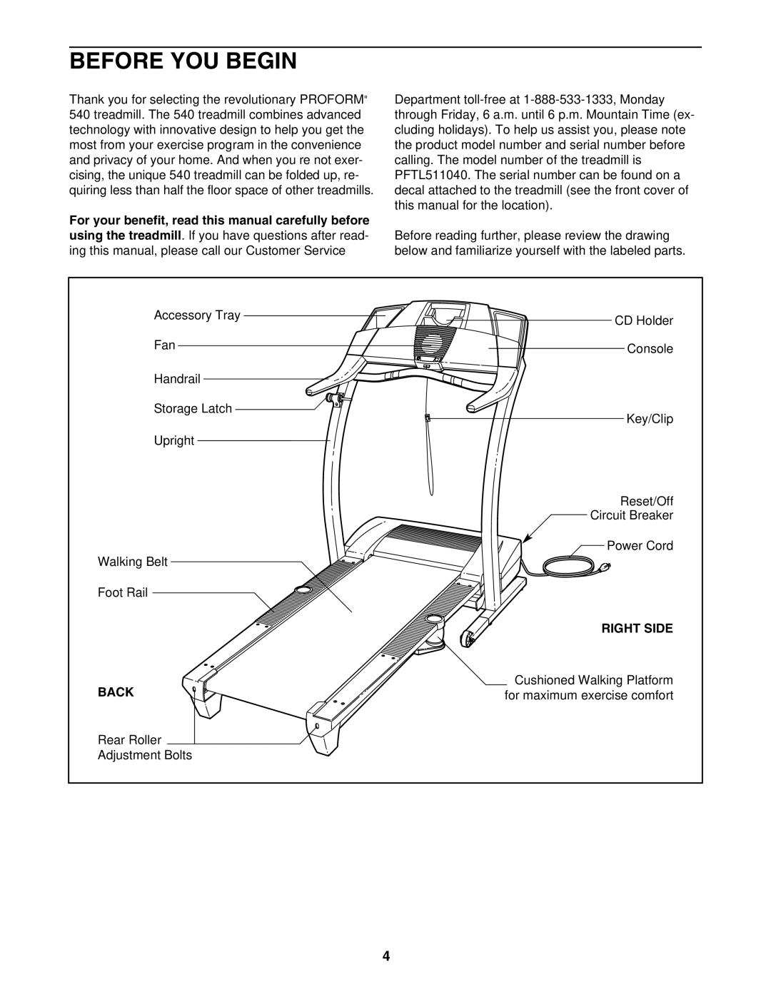 ProForm PFTL511040 user manual Before YOU Begin, Right Side, Back 