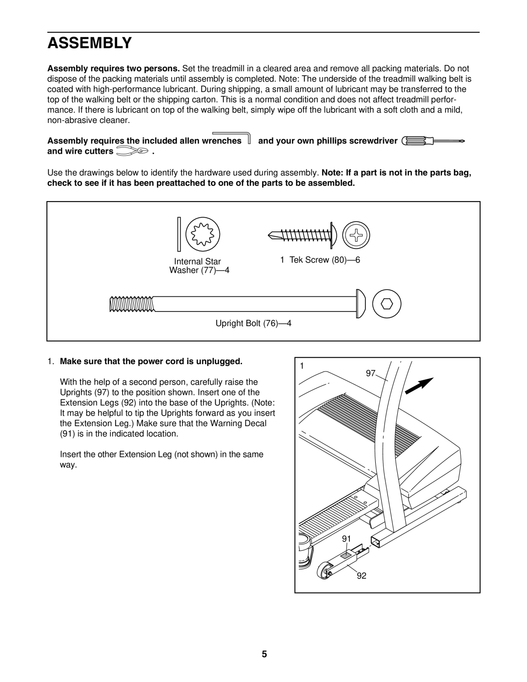 ProForm PFTL511040 user manual Assembly, Make sure that the power cord is unplugged 