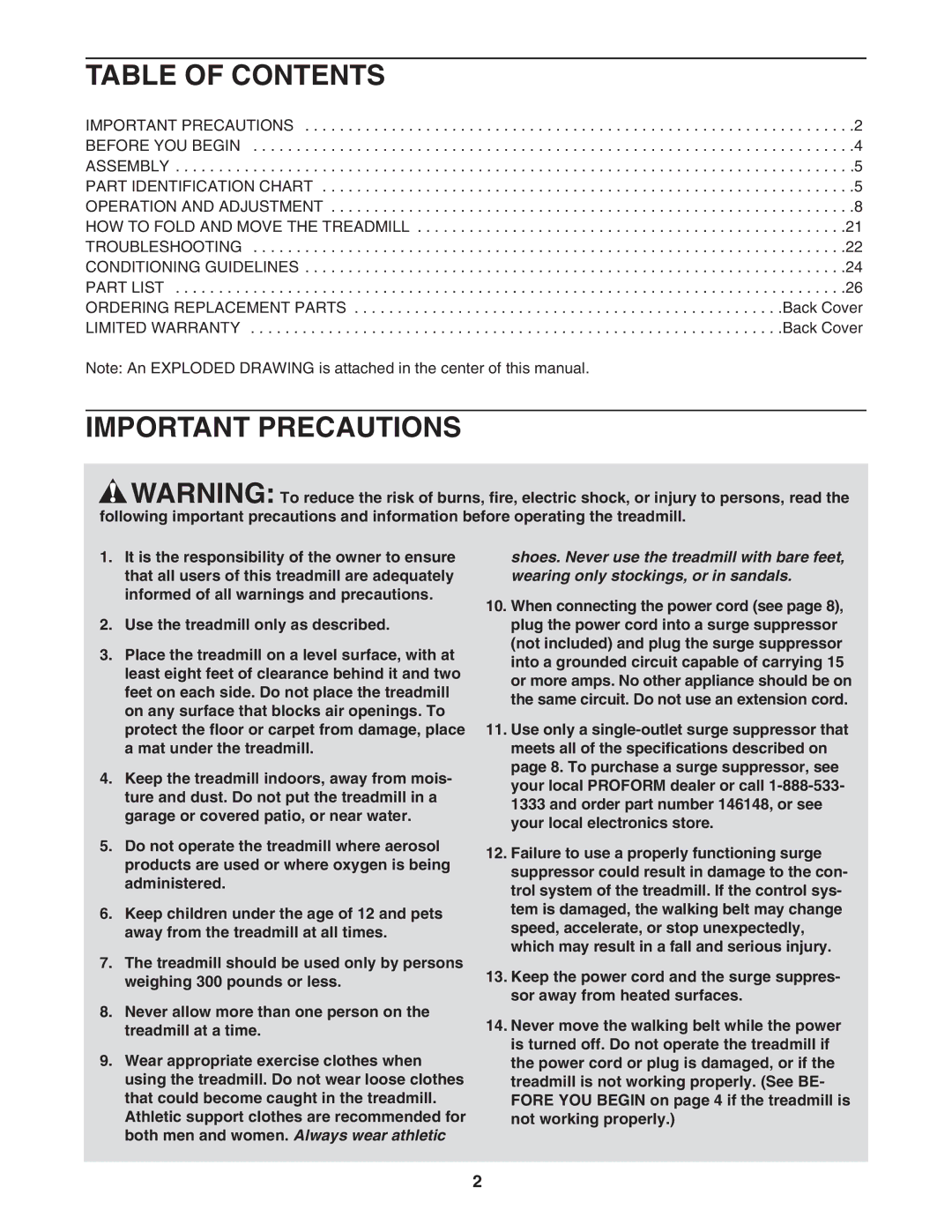 ProForm PFTL511041 user manual Table of Contents, Important Precautions 