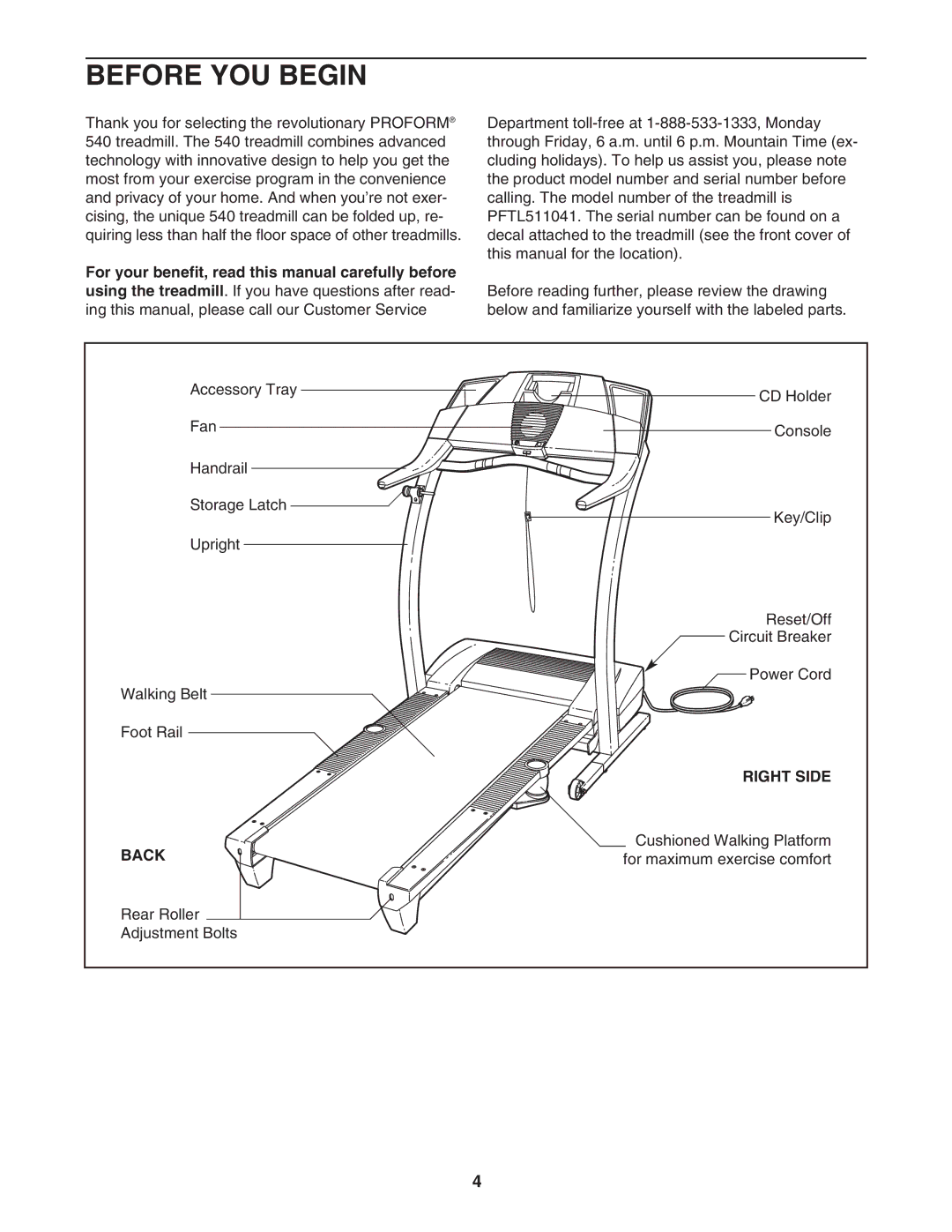 ProForm PFTL511041 user manual Before YOU Begin, Right Side, Back 