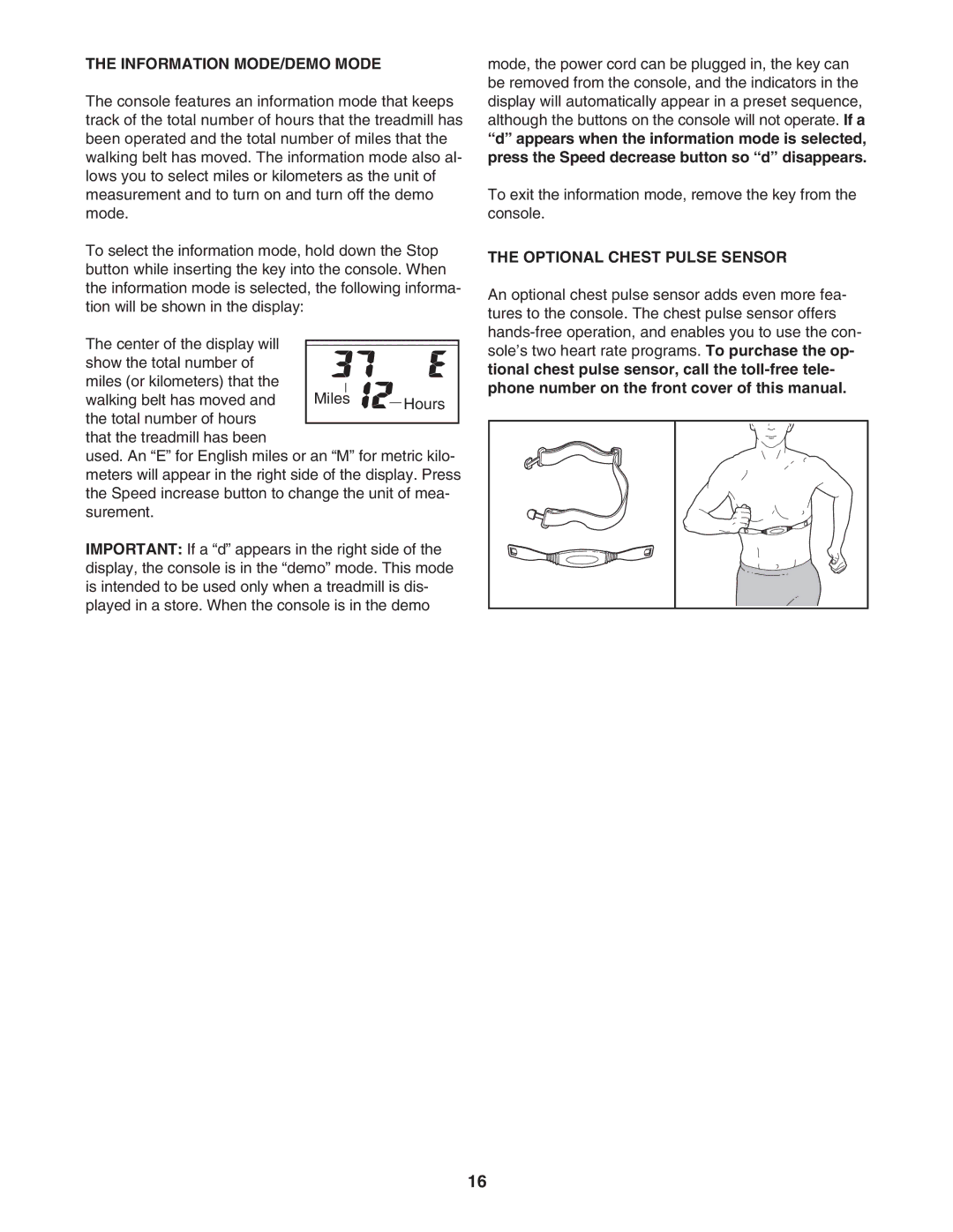 ProForm PFTL51105.0 user manual Information MODE/DEMO Mode, Optional Chest Pulse Sensor 