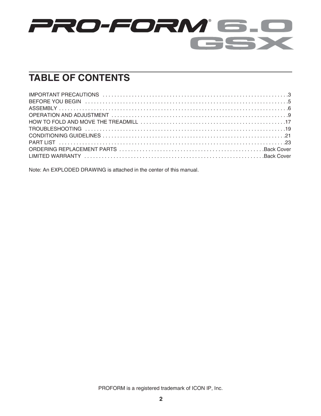 ProForm PFTL51105.0 user manual Table of Contents 