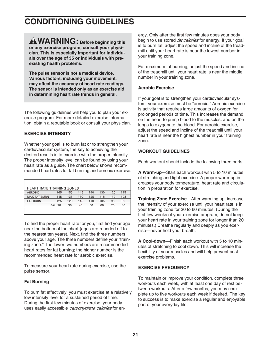 ProForm PFTL51105.0 user manual Conditioning Guidelines, Exercise Intensity, Workout Guidelines, Exercise Frequency 