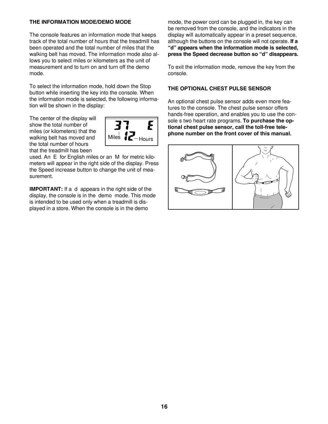 ProForm PFTL51105.1 user manual Information MODE/DEMO Mode, Optional Chest Pulse Sensor 