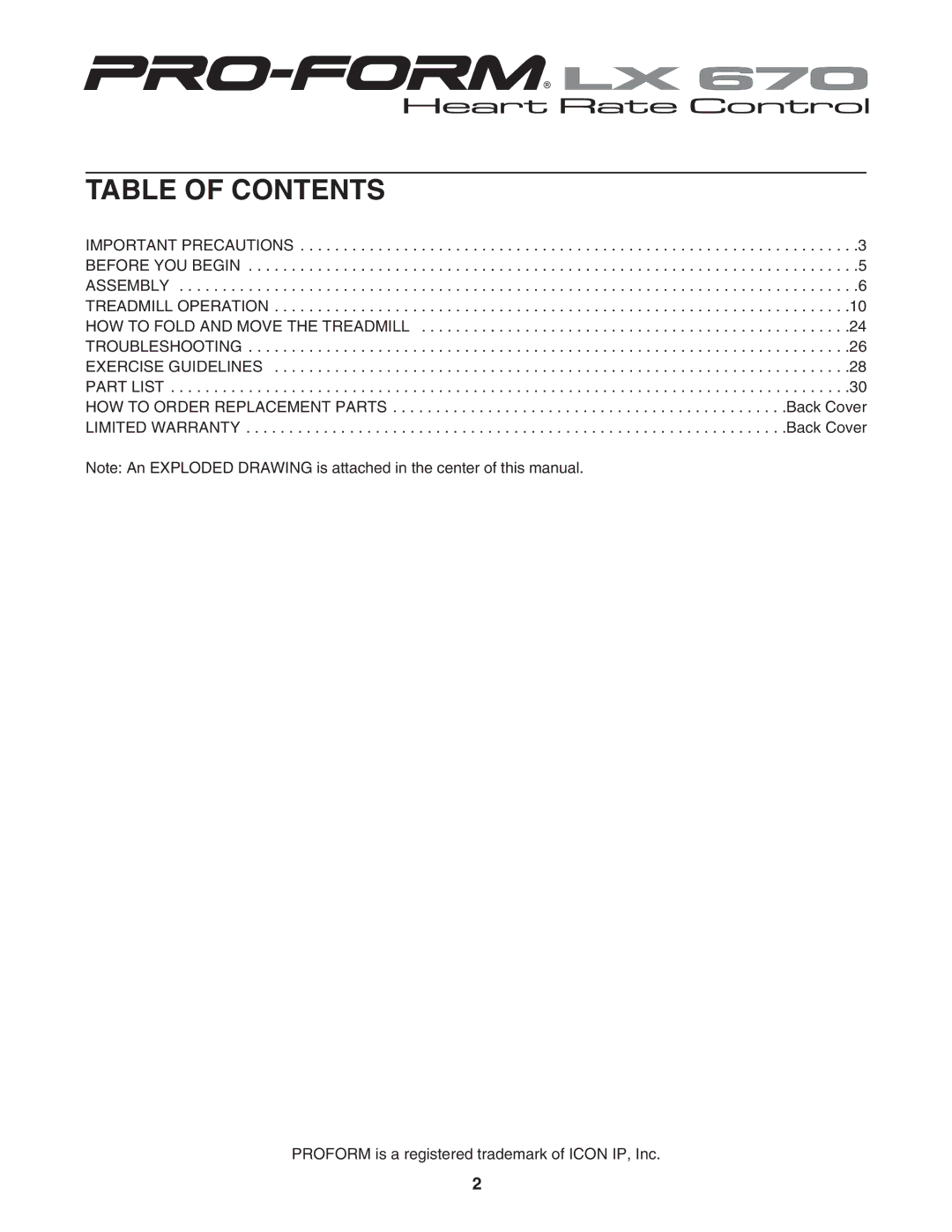 ProForm PFTL512040 user manual Table of Contents 