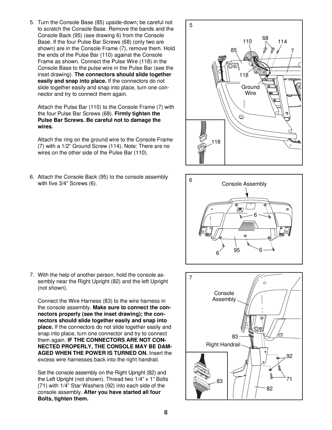 ProForm PFTL51231 user manual Pulse Bar Screws. Be careful not to damage the wires, Bolts, tighten them 