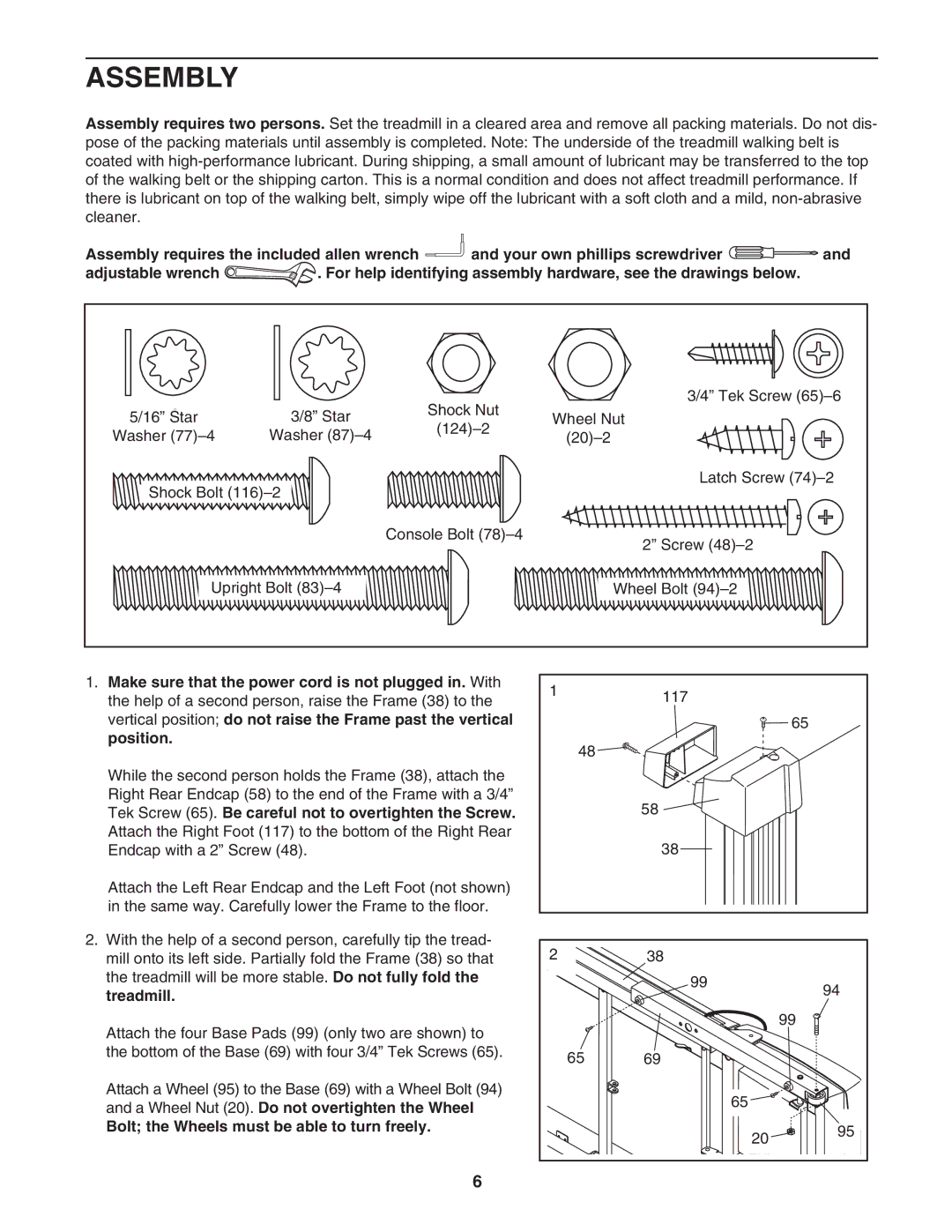 ProForm PFTL517040 user manual Assembly, Up righ t Bo lt 83, Bolt the Wheels must be able to turn freely 