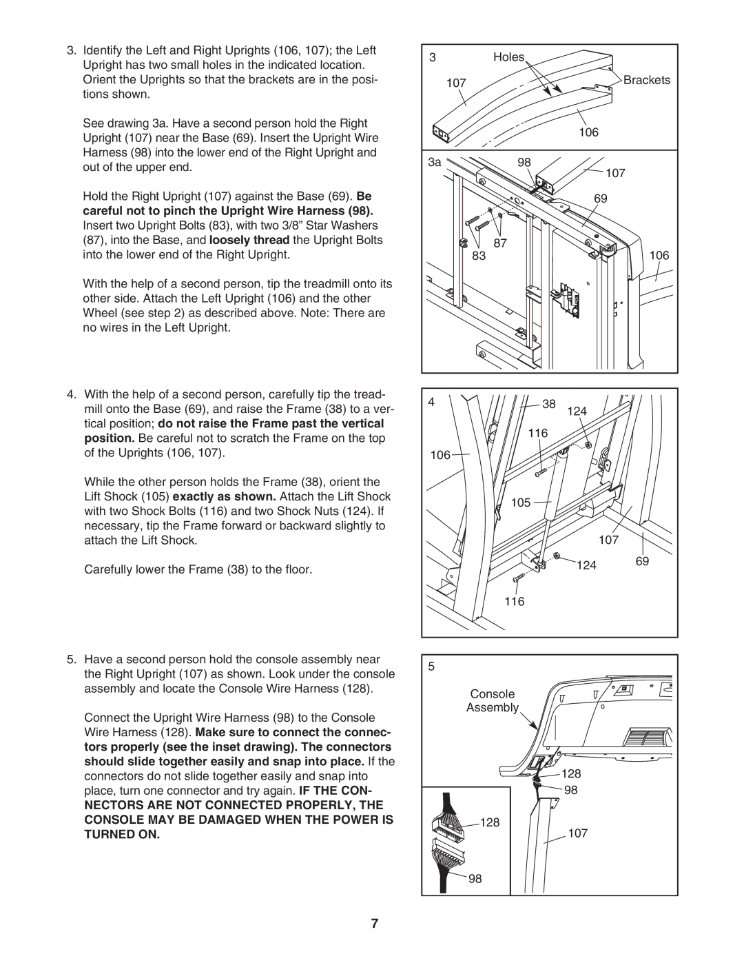 ProForm PFTL517040 user manual Holes 107 Brackets 106 124 116 105 Console Assembly 128 