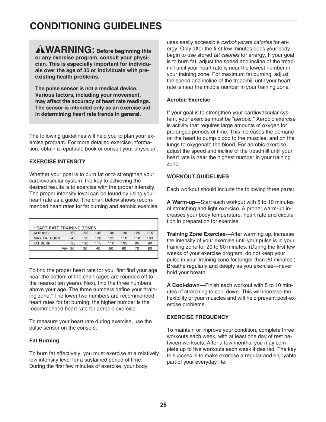 ProForm PFTL517041 user manual Conditioning Guidelines, Exercise Intensity, Workout Guidelines, Exercise Frequency 