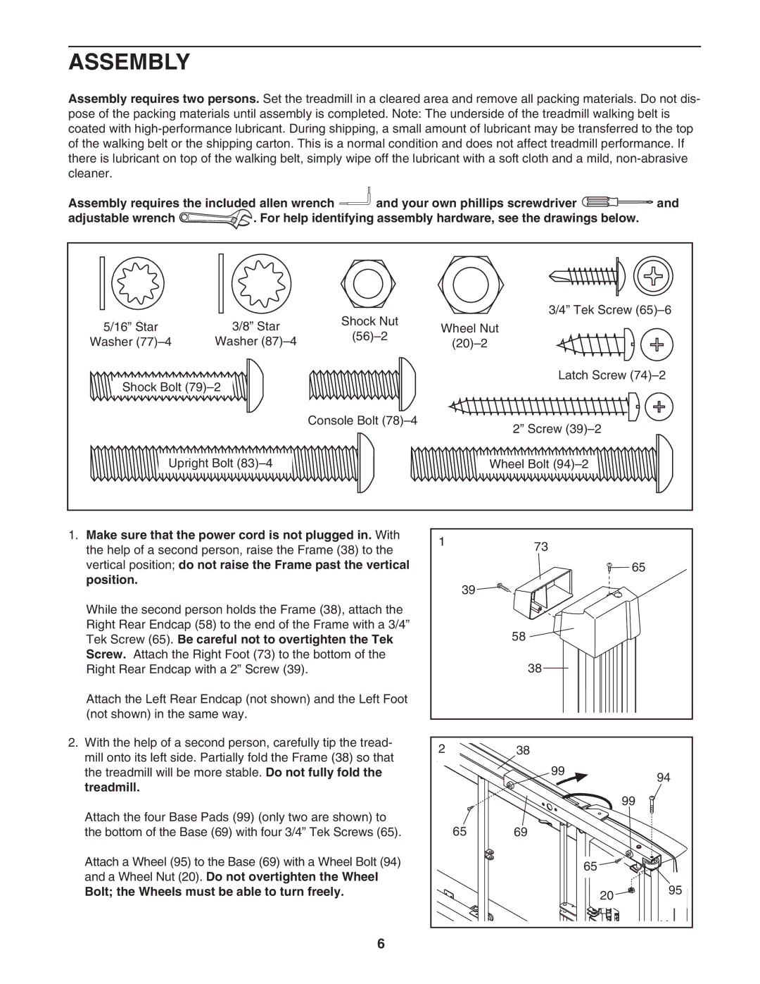 ProForm PFTL517041 user manual Assembly, Screw, Bolt the Wheels must be able to turn freely 