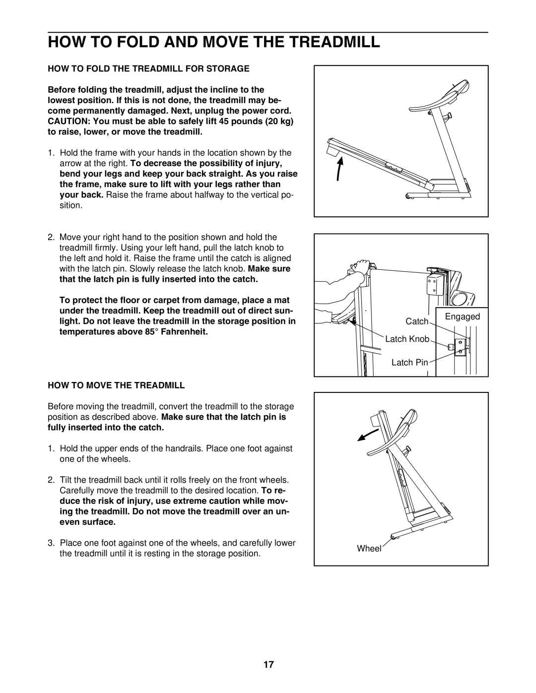 ProForm PFTL52105.0 HOW to Fold and Move the Treadmill, HOW to Fold the Treadmill for Storage, HOW to Move the Treadmill 