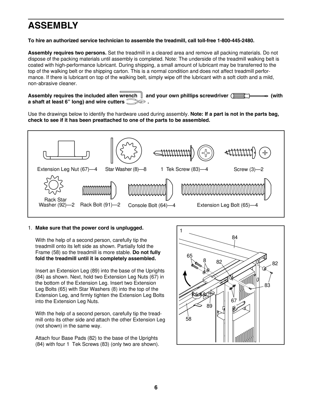 ProForm PFTL52105.0 user manual Assembly, Make sure that the power cord is unplugged 