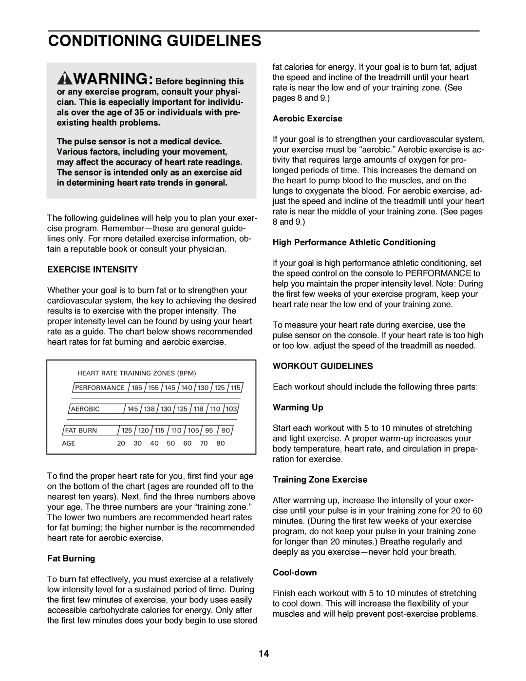 ProForm PFTL52580 user manual Conditioning Guidelines, Exercise Intensity, Workout Guidelines 