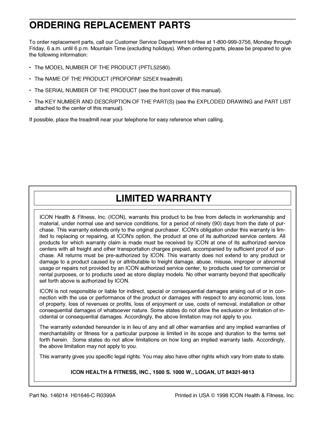 ProForm PFTL52580 Ordering Replacement Parts, Limited Warranty, Icon Health & FITNESS, INC., 1500 S W., LOGAN, UT 